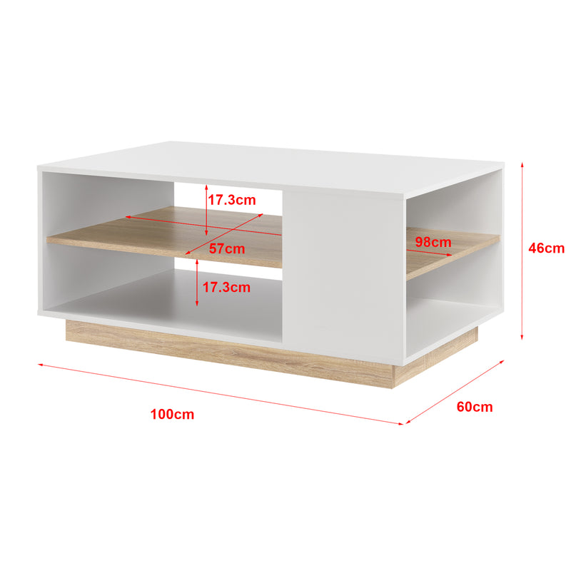 Esquema acotado Mesa de centro Trelleborg 100x60x46 cm con 2 estantes Blanco/Roble en.casa