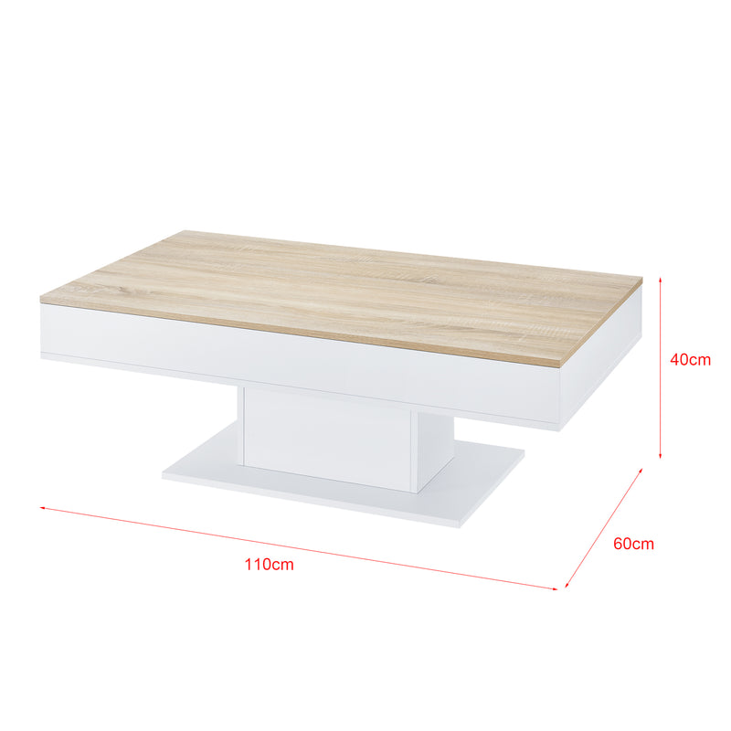 Esquema acotado Mesa de centro Lünen 40x110x60cm con 2 compartimentos de almacenamiento en aspecto roble blanco en.casa