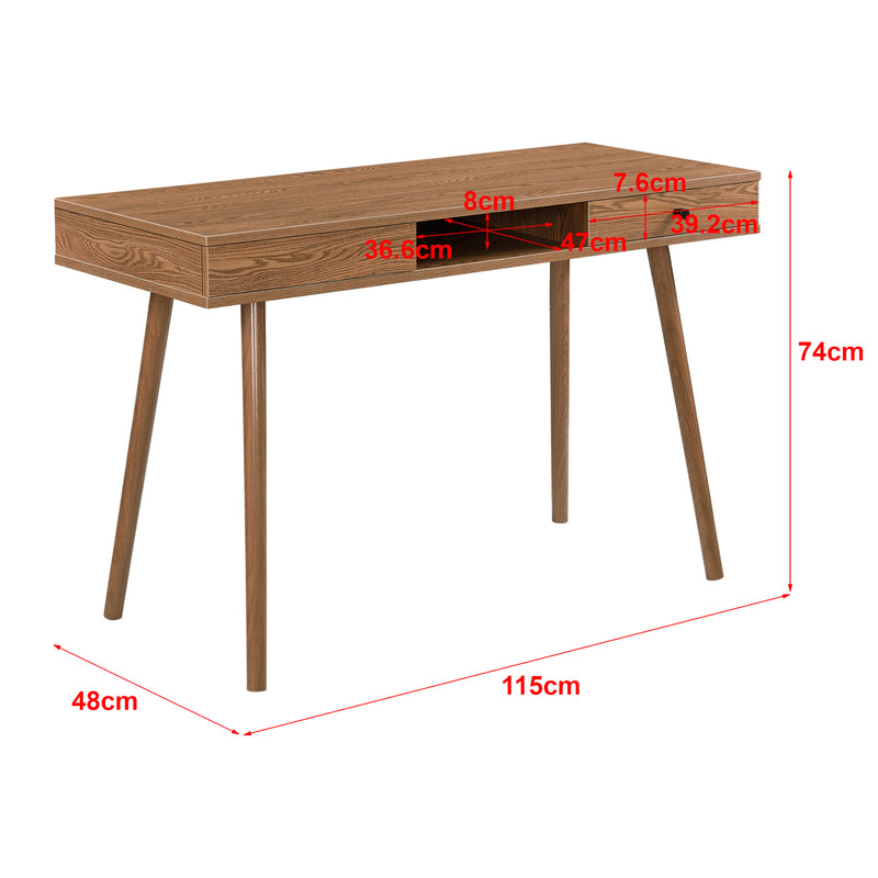 Esquema acotado Escritorio Habo con estante y cajón 115x48x74cm Tono de madera oscura en.casa