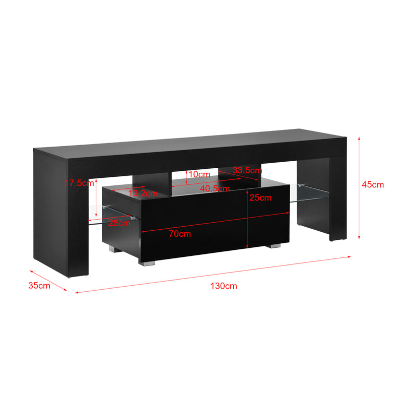 Esquema acotado Mesa para televisor LED Grimsey 130x35x45 cm con cajón y estante de vidrio Blanco/Negro en.casa