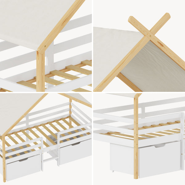Cama infantil Surnadal en forma de casita 90x200 cm pino - Blanco/Natural [en.casa]