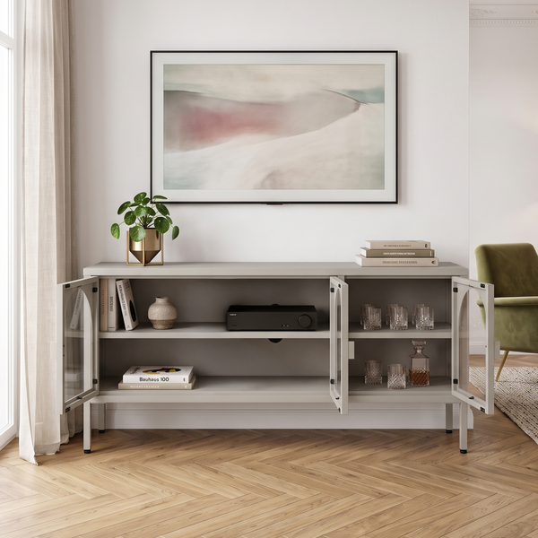 Vitrina Klippestad con 3 puertas arqueadas acero 118x35x55cm Gris cálido [en.casa]