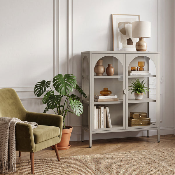 Vitrina Klippestad con 2 puertas arqueadas acero 95x80x35cm Gris cálido [en.casa]
