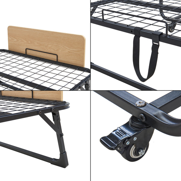 Cama plegable de metal Lustendi con colchón 200x90cm Negro/efecto roble [en.casa]