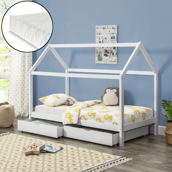 Cama infantil Lund 90x200 cm con colchón de espuma fría Madera de pino Blanco en.casa