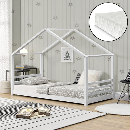 Cama casita Vardø 90x200cm Blanco con colchón [en.casa]