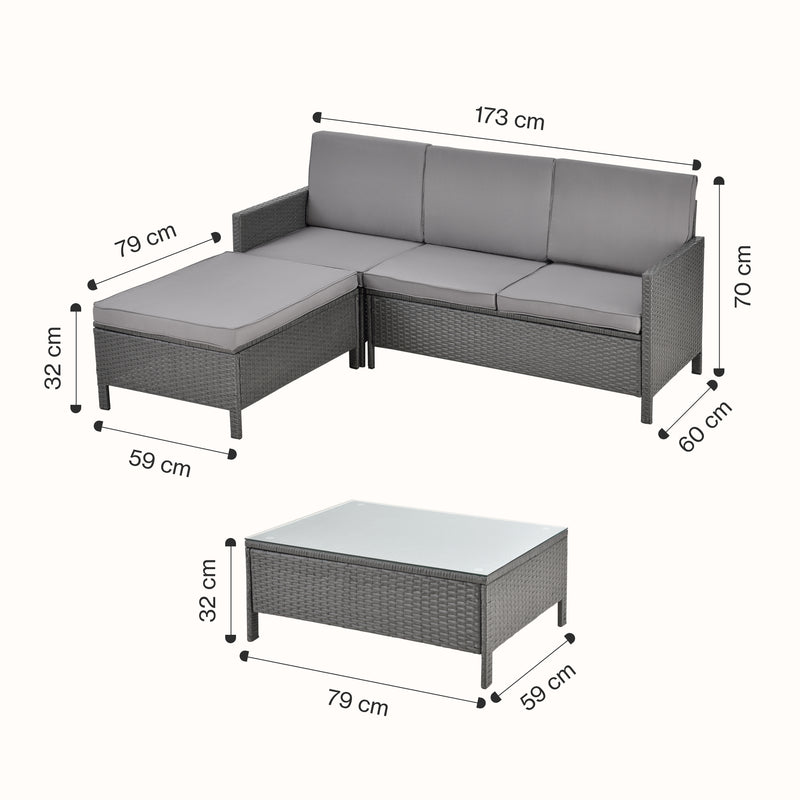 Esquema acotado Conjunto de muebles de jardín Murcia ratán 3 piezas. Gris oscuro/Gris claro [en.casa]