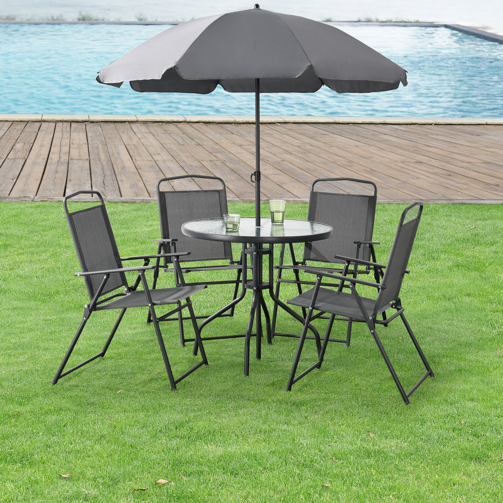 Muebles de jardín - Set Milagro sillas con mesa, 4 sillas y sombrilla negro gris oscuro en.casa - premiumXL