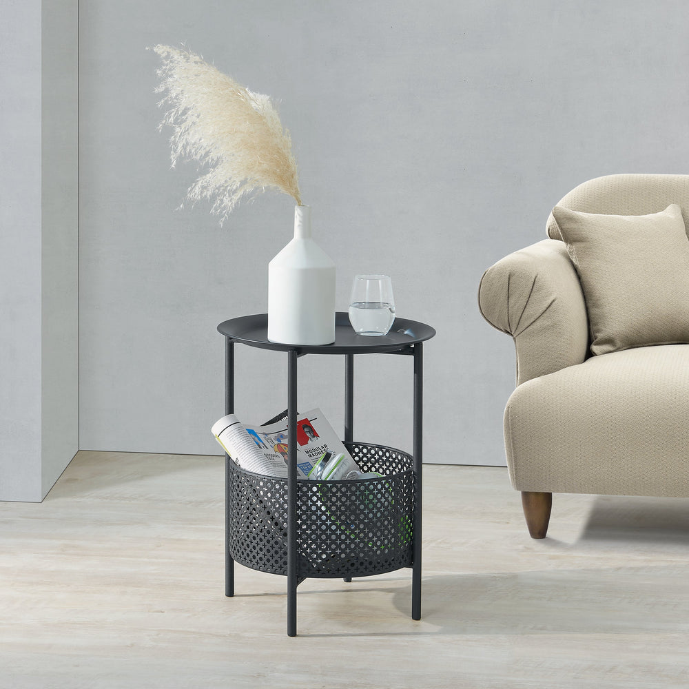 Mesa auxiliar Kruibeke 46x35cm con cesta negro [en.casa] - premiumXL