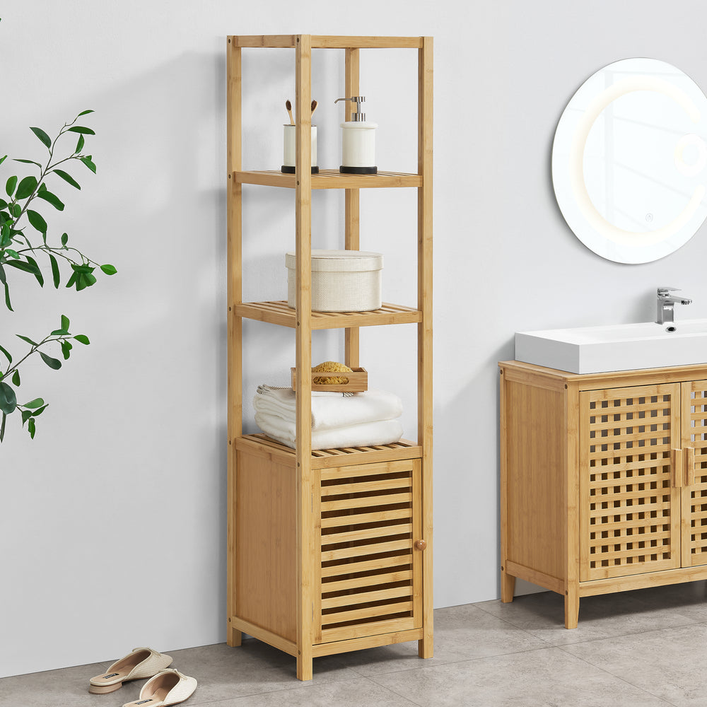 Estantería de bambú Liminka estantería de baño con puerta de armario 140x34x33cm [en.casa] - premiumXL