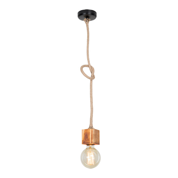 Lámpara colgante Corby E27 Metal Madera maciza Cuerda de yute Negro / Aspecto madera / Color yute [lux.pro]