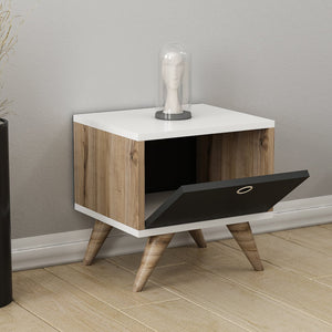 Mesita de noche Hinnerup con puerta abatible 41x40x35 cm Blanco / aspecto roble / Negro [en.casa]