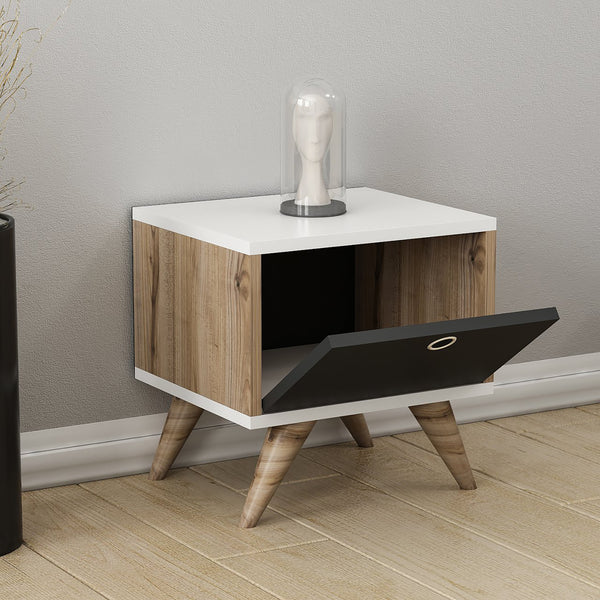 Mesita de noche Hinnerup con puerta abatible 41x40x35 cm Blanco / aspecto roble / Negro [en.casa]