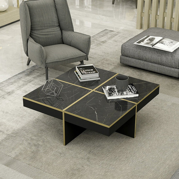 Mesa de centro Fjerritslev 35x90x90 cm efecto mármol negro [en.casa]