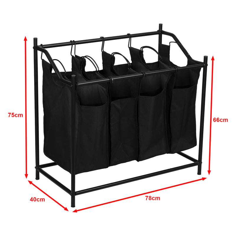 Esquema acotado Recolector de ropa Vamdrup con 4 bolsas para ropa 18 L estructura metálica negro [en.casa]