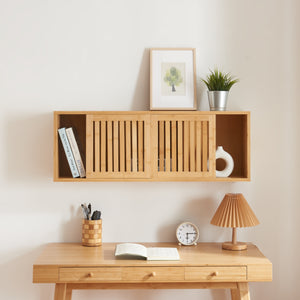 Estantería de pared Grums con dos puertas correderas 92,5x20x33cm Bambú [en.casa]