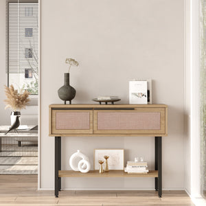 Mesa consola Kvænangen 100x30x76 cm Roble/Aspecto ratán [en.casa]