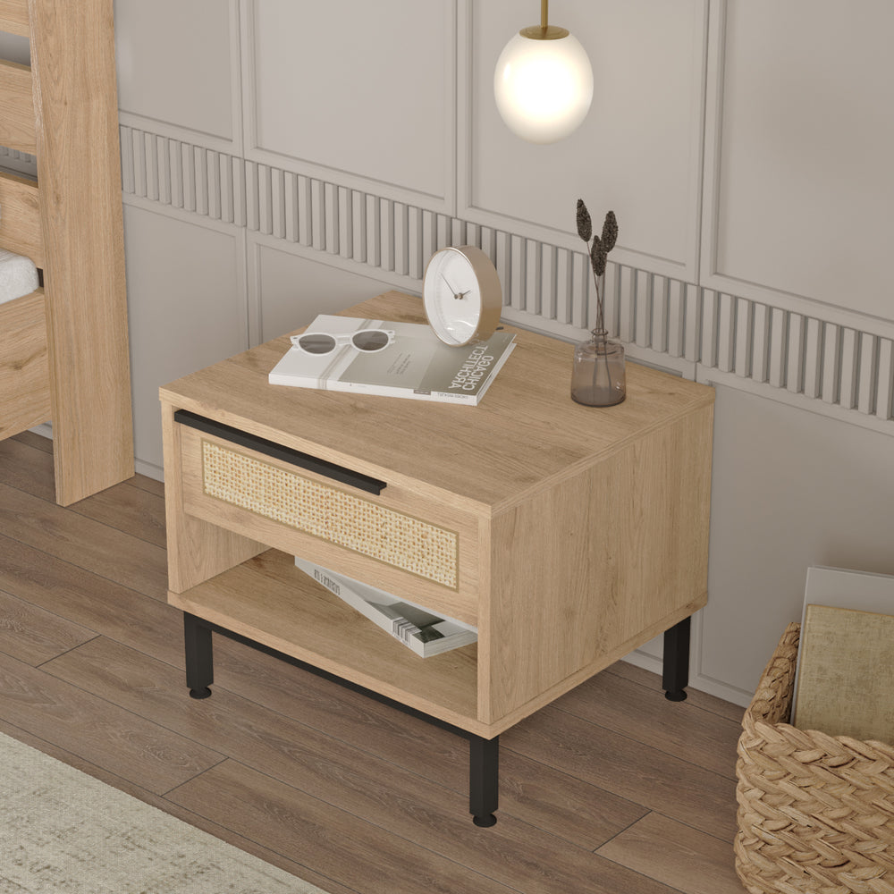 Mesita de noche Kvænangen 43x54x45 cm aspecto roble/ratán [en.casa] - premiumXL