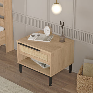 Mesita de noche Kvænangen 43x54x45 cm aspecto roble/rattan [en.casa]