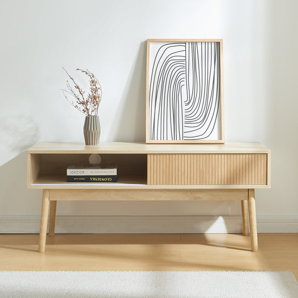 Mesa de televisión Landskrona 115x40x48 cm con dos puertas correderas en aspecto roble [en.casa]