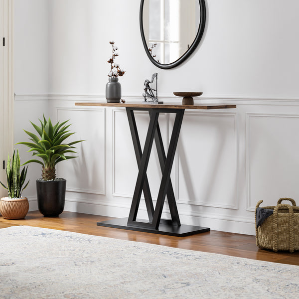 Mesa consola Seinshung 110x30x80 cm Negro/Aspecto nogal [en.casa]