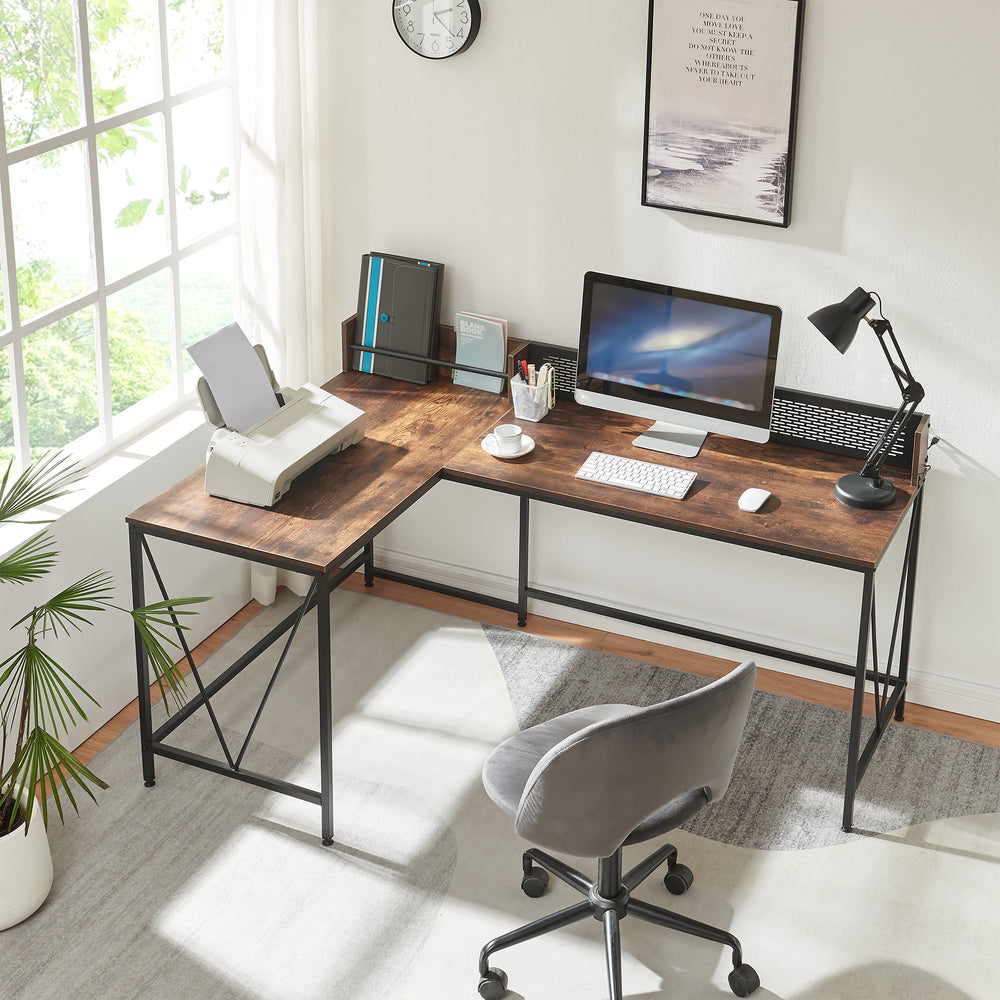 Escritorio Frelvepirg con panel trasero en forma de L 165x110x75 cm aspecto nogal [en.casa] - premiumXL