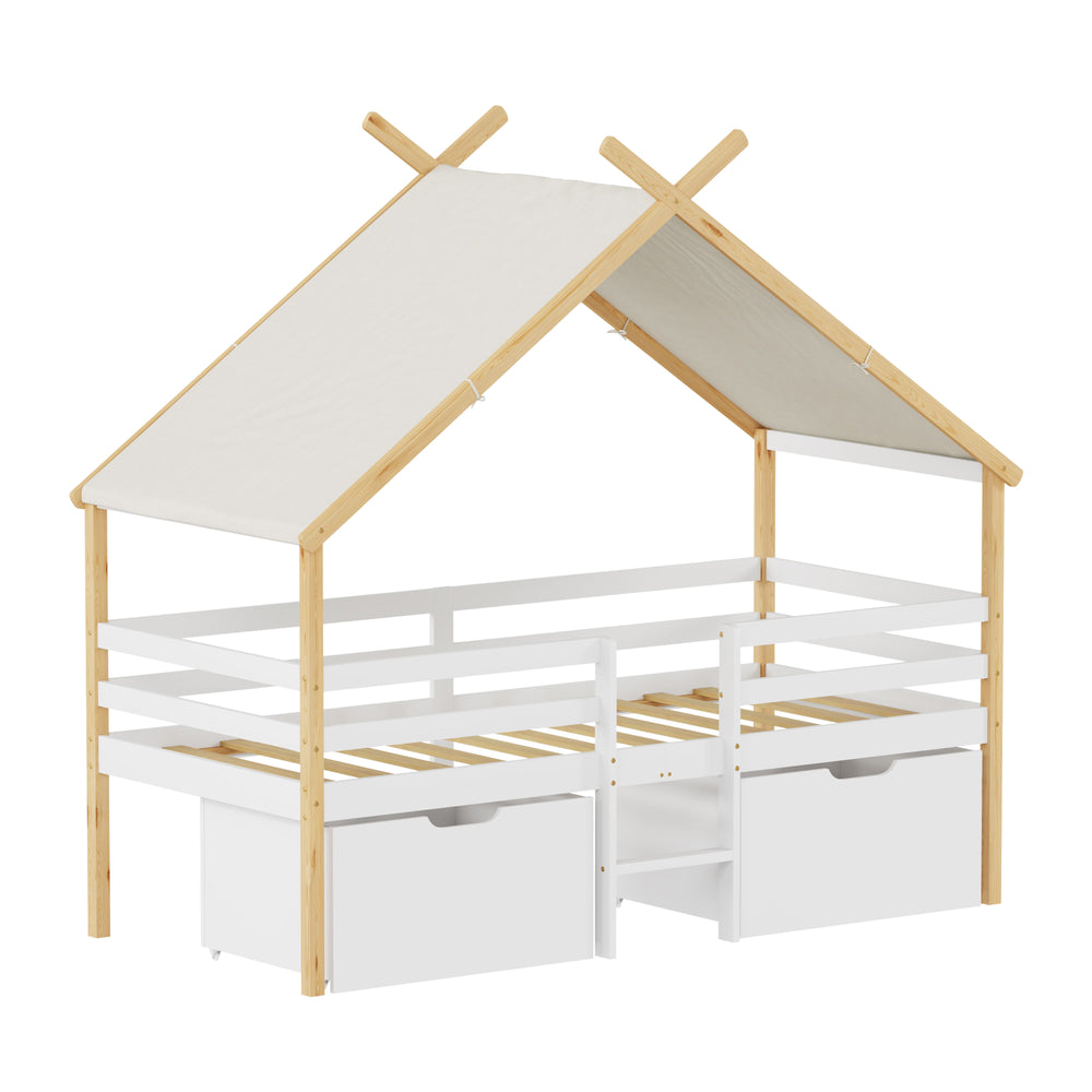 Cama infantil Surnadal en forma de casita 90x200 cm pino - Blanco/Natural [en.casa]