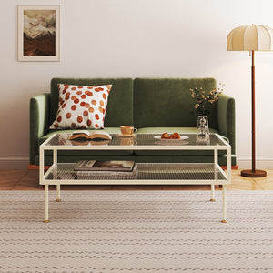 Mesa de centro Lindau de acero con tablero de vidrio 100x50x46 cm crema blanca [en.casa]