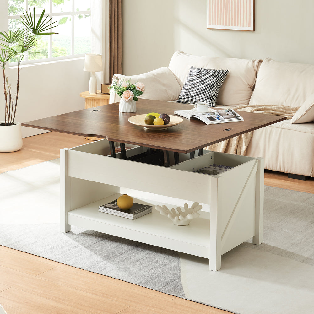 Mesa de centro Kasama con tablero elevable y espacio de almacenamiento 110x55x54 cm aspecto nogal/blanco [en.casa] - premiumXL