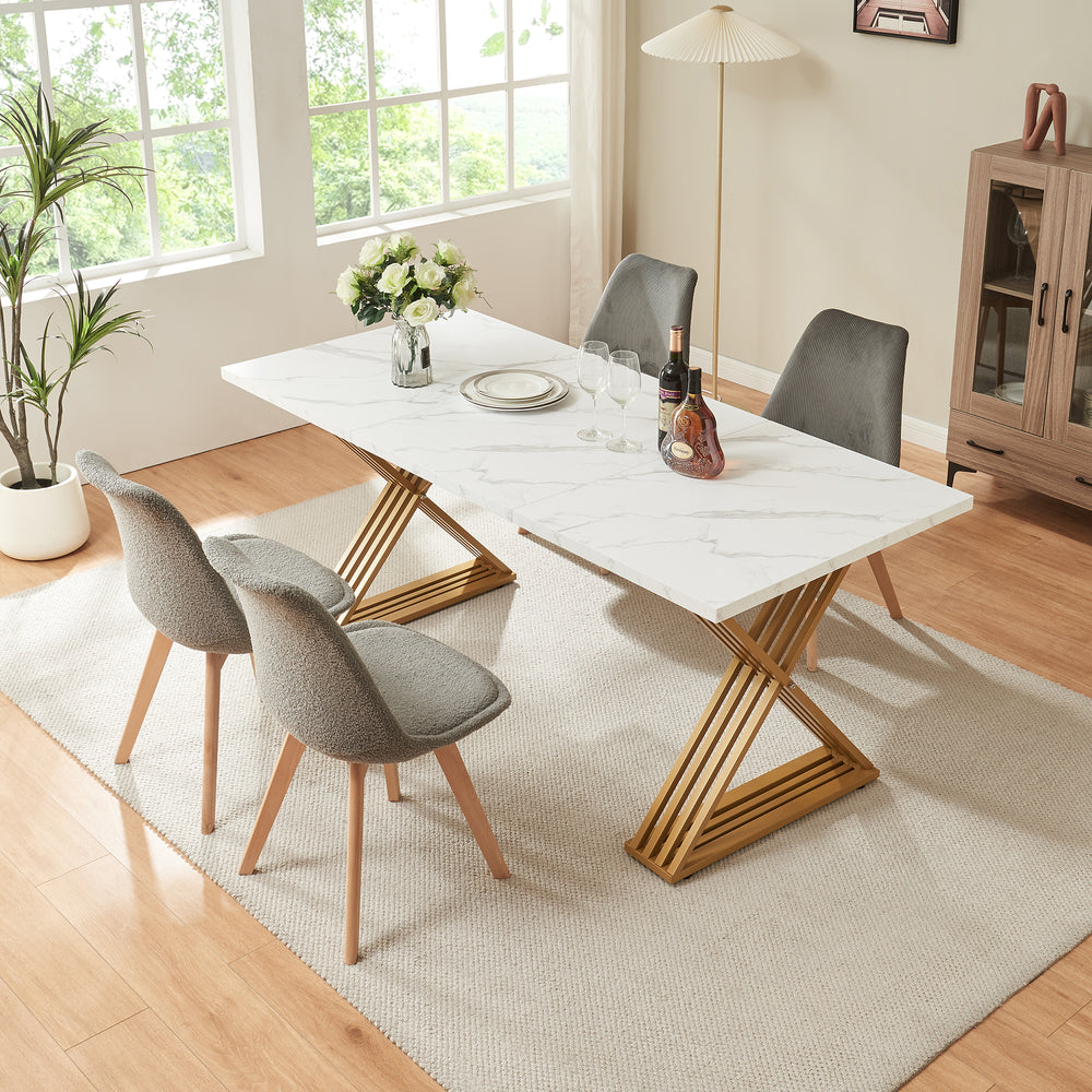 Mesa de comedor Hujaari para 6 personas efecto mármol, blanco / dorado [en.casa]