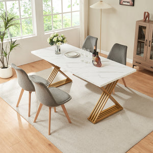 Mesa de comedor Hujaari para 6 personas efecto mármol, blanco / dorado [en.casa]