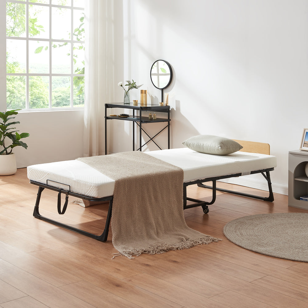 Cama plegable de metal Lustendi con colchón 200x90cm Negro/efecto roble [en.casa]