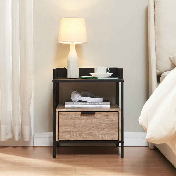 Mesita de noche Belana 51x40x35 cm Negro/Aspecto roble [en.casa]