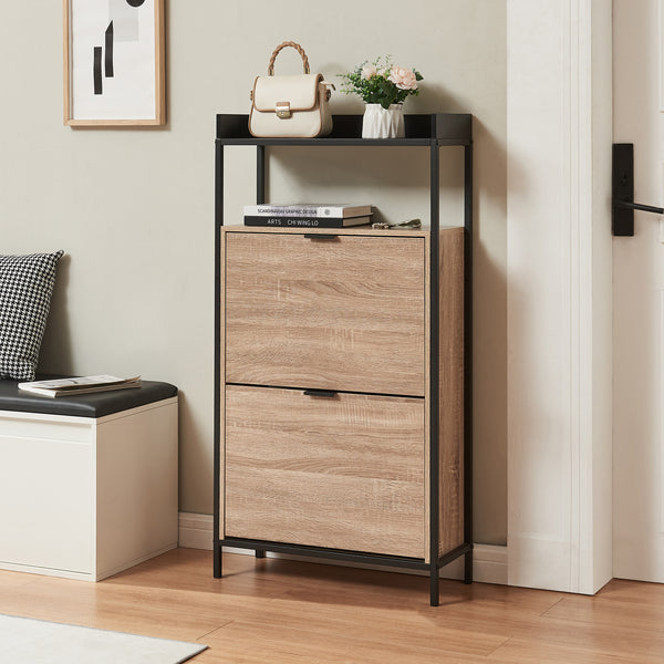 Zapatero Belana con 2 tapas 116x60x24 cm Negro/Aspecto roble [en.casa]