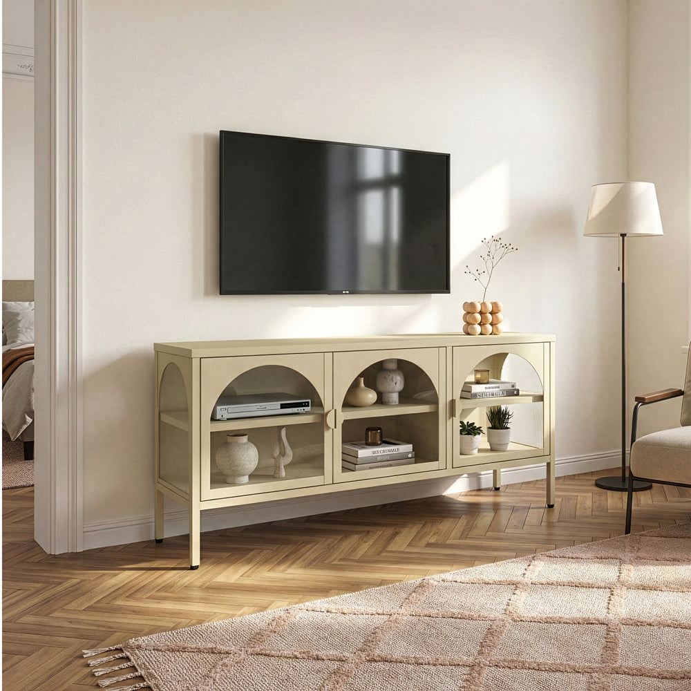 Vitrina Klippestad con 3 puertas arqueadas acero 118x35x55cm Camel [en.casa]