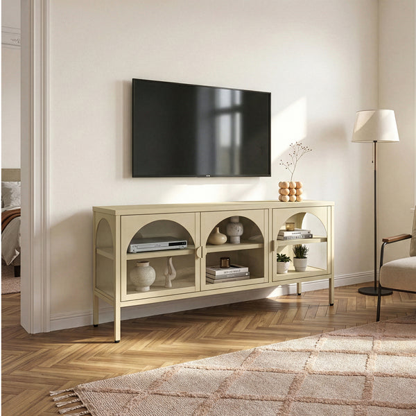 Aparador vitrina Klippestad acero 118x35x55 cm color camello [en.casa]