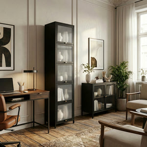 Vitrina Ostersund con 5 puertas abatibles 174x40x35cm Negro [en.casa]