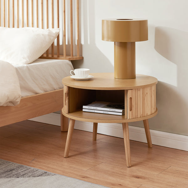 Mesa de noche Nordkapp redonda bambú 45xØ60cm Natural [en.casa]