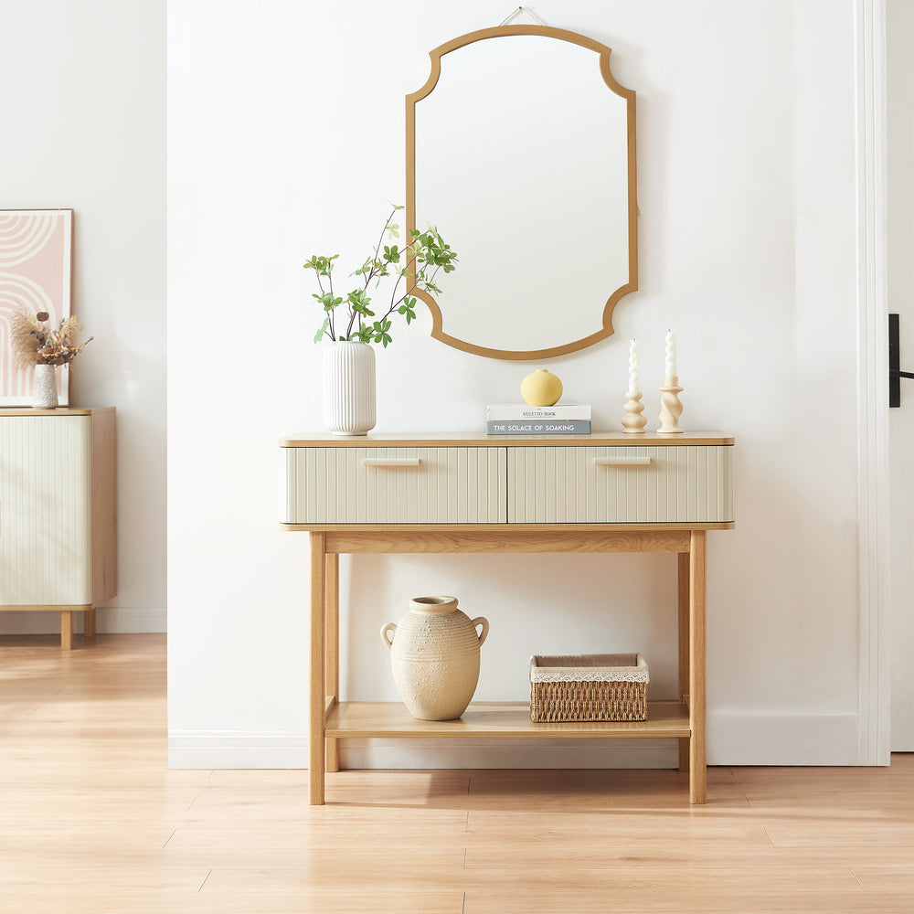 Mesa consola Ferrersp con 2 cajones 100x40x80 cm aspecto roble/color arena [en.casa]