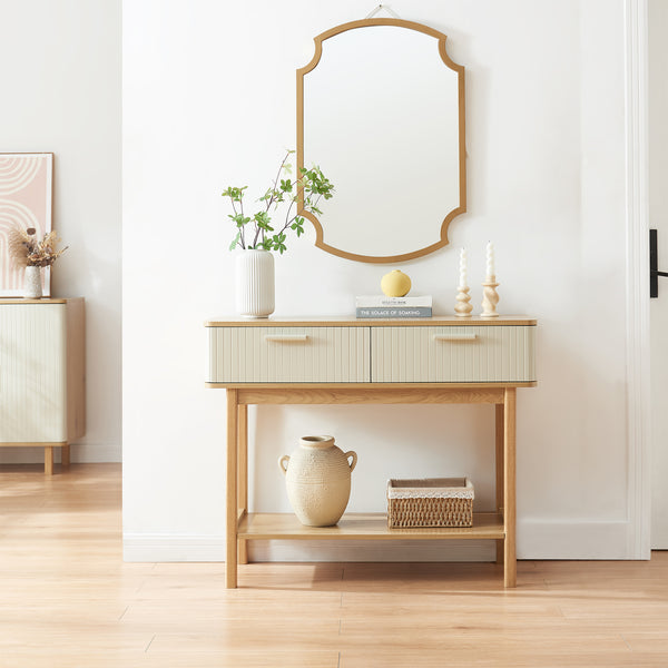 Mesa consola Ferrersp con 2 cajones 100x40x80 cm aspecto roble/color arena [en.casa]