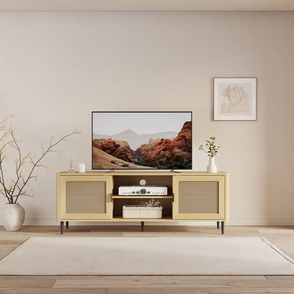 Mueble de televisión Lukhomso 152x40x54 cm aspecto roble/aspecto ratán [en.casa]