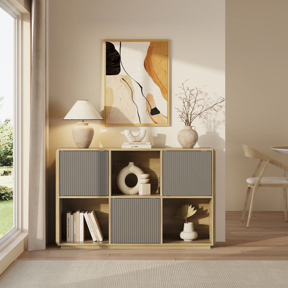 Aparador bajo Trömi 3 puertas push-to-open 75x120x30cm - Efecto roble/Gris [en.casa]