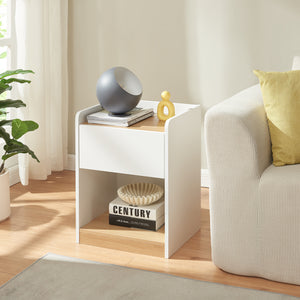 Mesita de noche Kuorshare 55x42x37 cm Blanco/Aspecto roble [en.casa]