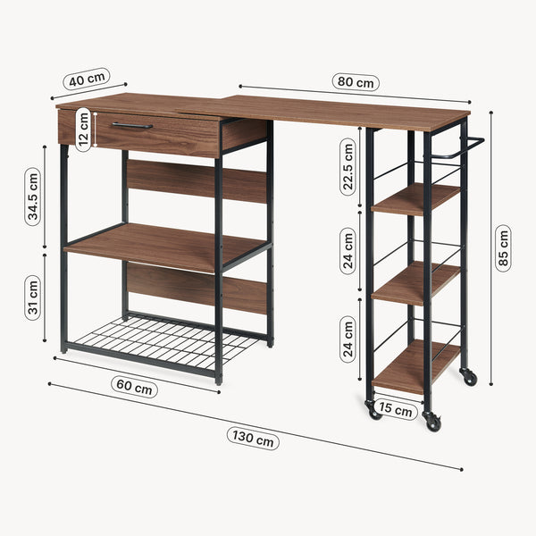 Estante de cocina extensible Kirhuskyna 130x40x85 cm aspecto nogal/negro [en.casa]
