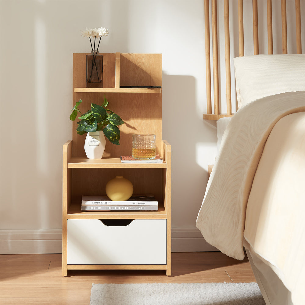 Mesita de noche Bordkak con estante 75x35x30 cm efecto roble/blanco [en.casa]