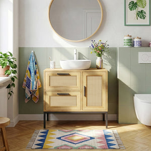 Mueble bajo lavabo Marhasa 2 puertas 1 cajón ratán 60x60x40cm Roble [en.casa]