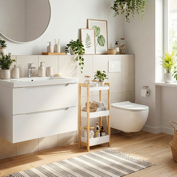 Estantería de baño Anun 3 cestas bambú 75x28x20cm - Natural / Blanco [en.casa]