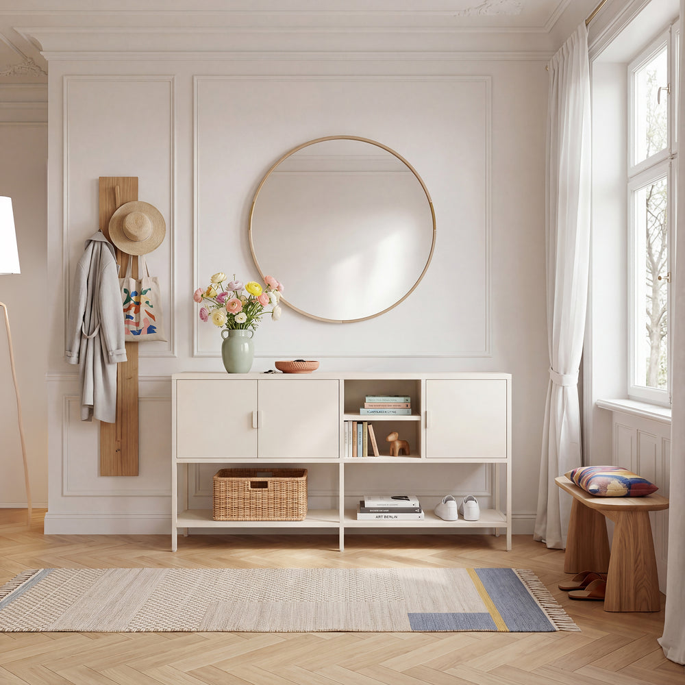 Aparador Kliri con 6 compartimentos acero 160x40x80cm - Blanco crema [en.casa]