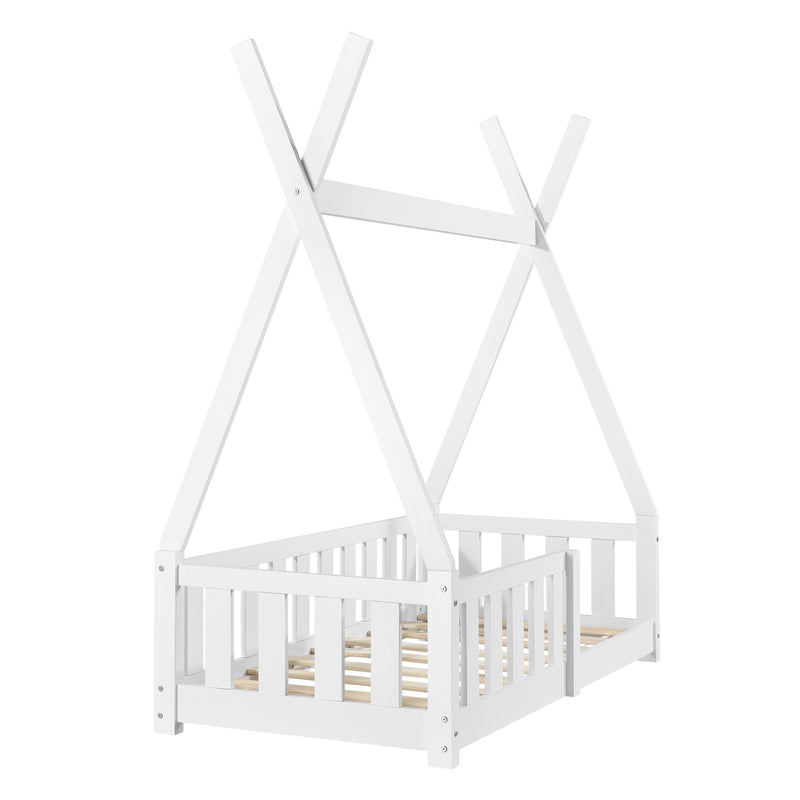 Esquema acotado Cama infantil Tipi Helsingborg con reja de seguridad pino 140x70cm - Blanco mate [en.casa]