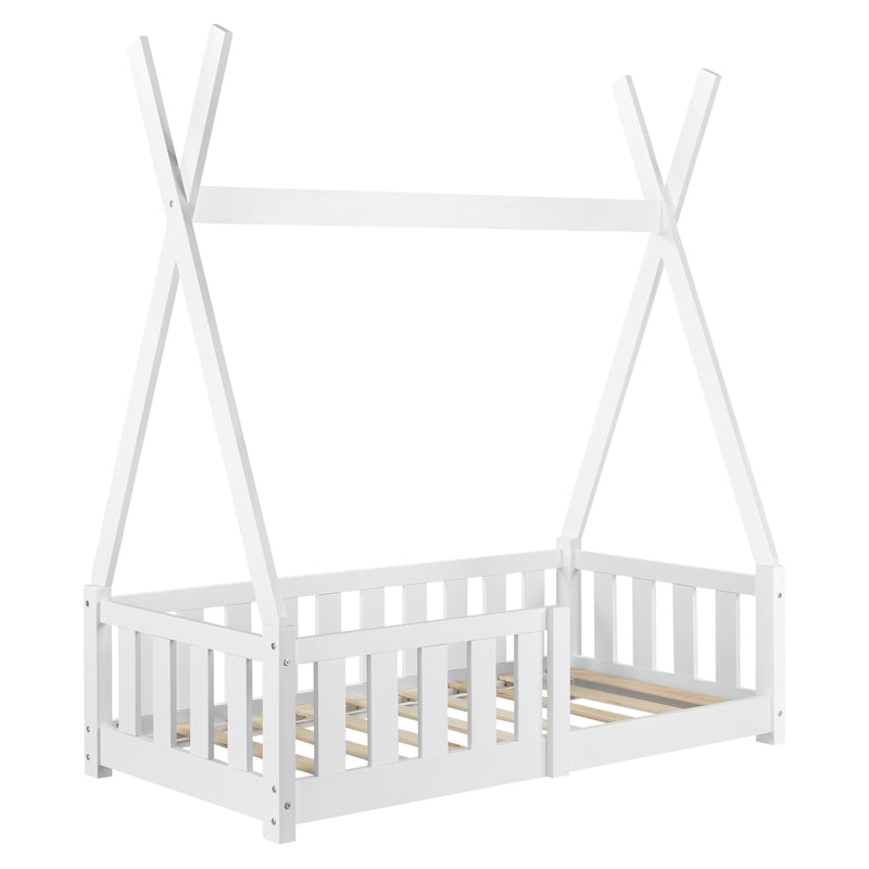 Esquema acotado Cama infantil Helsingborg con colchón diseño tipi pino 140x70 cm - Blanco mate [en.casa]